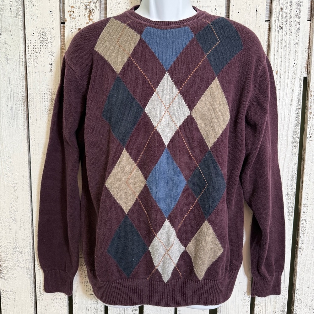 Vintage Haggar Mens Long Sleeve Argyle  Sweater Size Large Burgundy Grandpa Core